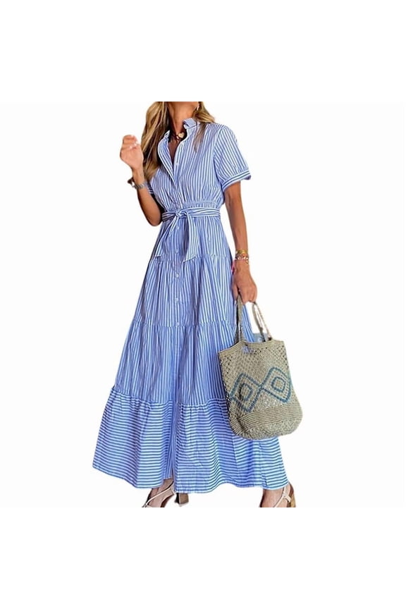 Womens Casual Striped Shirt Short Sleeve Maxi Dress Blue-S