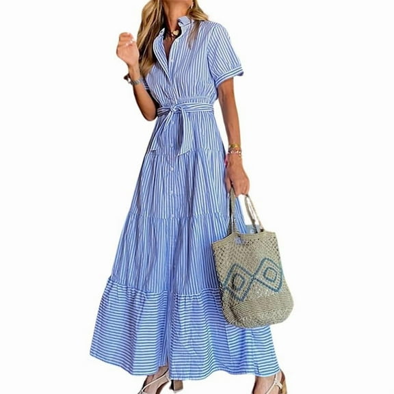 utcoco Womens Casual Striped Shirt Short Sleeve Maxi Dress Blue-S