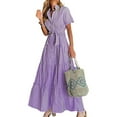 thumbnail image 1 of utcoco Womens Casual Striped Shirt Short Sleeve Maxi Dress Purple-L, 1 of 4