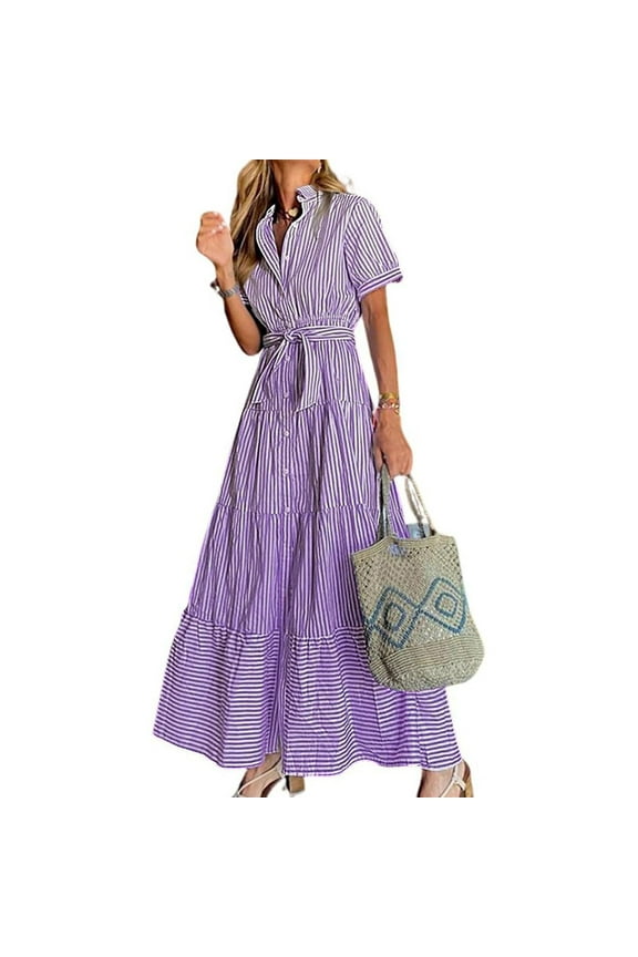 Womens Casual Striped Shirt Short Sleeve Maxi Dress Purple-L