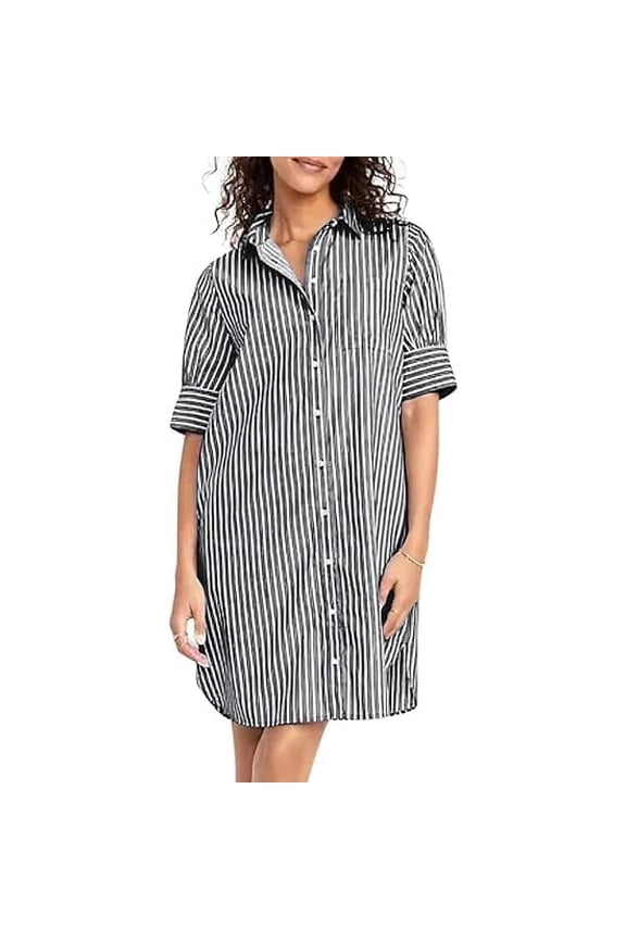 Women Summer Casual Loose Fit Short Sleeve Striped Shirt Dress
