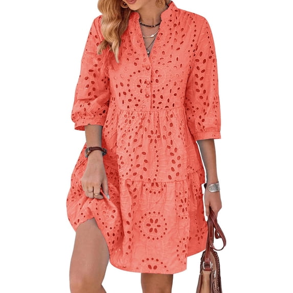 utcoco Women's 2026 Eyelet Lace Midi Dress V Neck Puff 3/4 Sleeve Button Tiered Sexy A Line Sun Dress