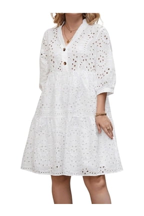 Women's 2026 Eyelet Lace Midi Dress V Neck Puff 3/4 Sleeve Button Tiered Sexy A Line Sun Dress