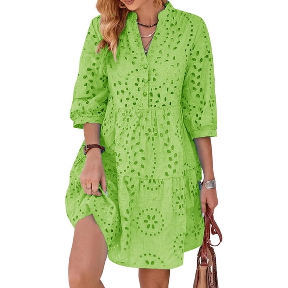 utcoco Women's 2026 Eyelet Lace Midi Dress V Neck Puff 3/4 Sleeve Button Tiered Sexy A Line Sun Dress