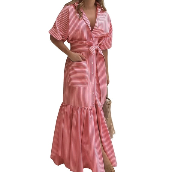 utcoco Women's 2026 Summer Casual Striped Button Down Maxi Dress Tie Waist Short Sleeve Shirt Dress with Pockets
