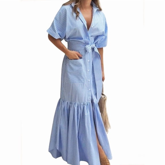 utcoco Women's 2026 Summer Casual Striped Button Down Maxi Dress Tie Waist Short Sleeve Shirt Dress with Pockets
