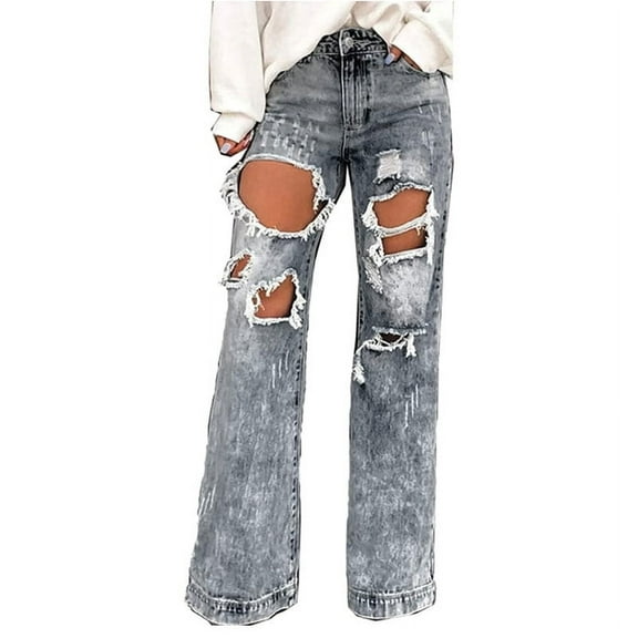 utcoco Women's Baggy Distressed Ripped Jeans Gray-10