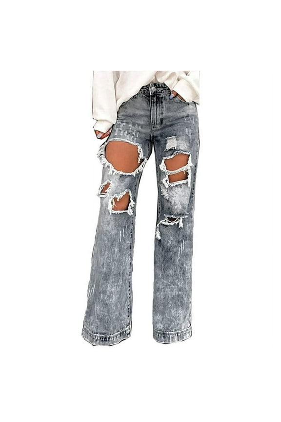 Women's Baggy Distressed Ripped Jeans Gray-20