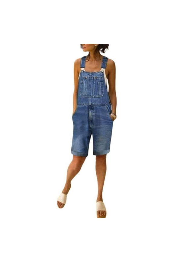 Women's Casual Distressed Denim Shorts Overalls Dark Blue-XS