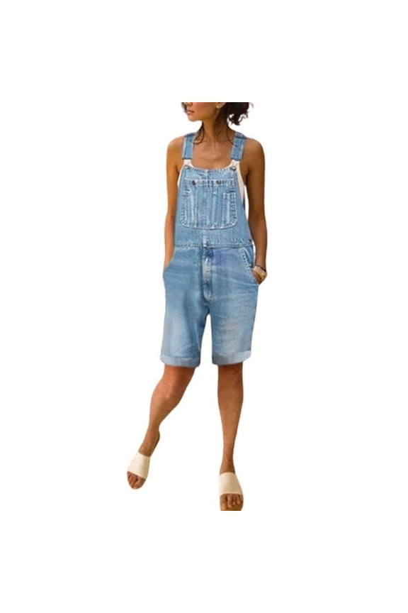Women's Casual Distressed Denim Shorts Overalls Light Blue-L