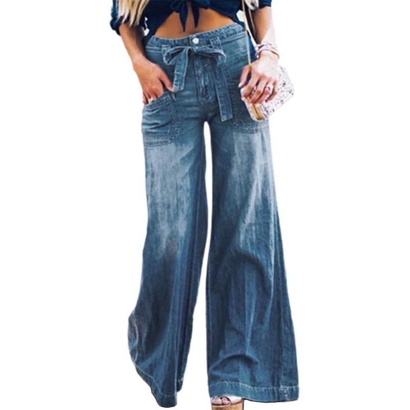 100% Cotton Denim Fleece Lined Women Wide Leg Jeans