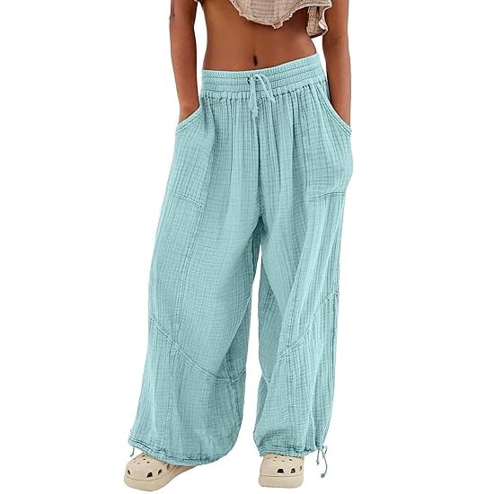 utcoco Women's Casual Loose Fit Linen Stitching Wide Leg Pants