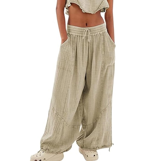 utcoco Women's Casual Loose Fit Linen Stitching Wide Leg Pants