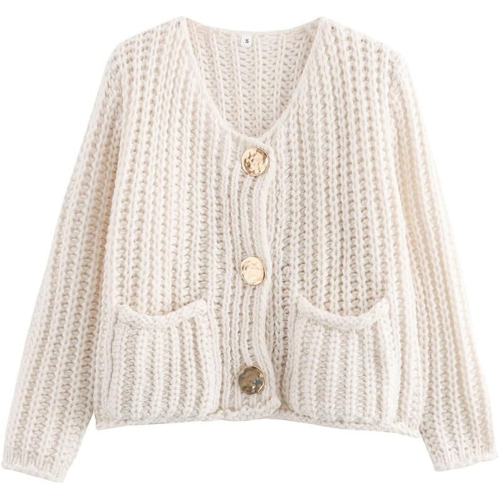 utcoco Women's Chunky Knit Cropped Long Sleeve Cardigans