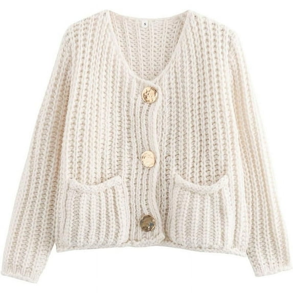 utcoco Women's Chunky Knit Cropped Long Sleeve Cardigans