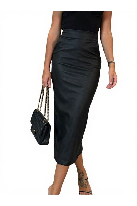 Womens Long Faux Leather Skirt Bodycon High Waist Slim Pencil Midi Skirt