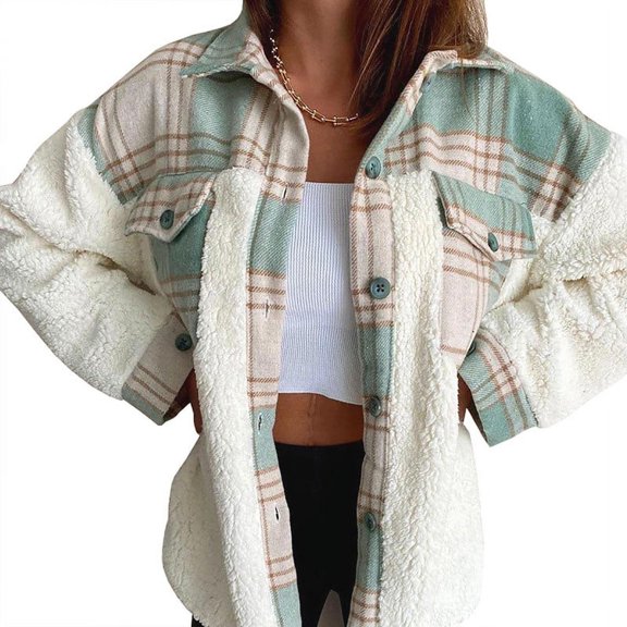 utcoco Women's Fall Winter Fuzzy Plaid Flannel Jacket