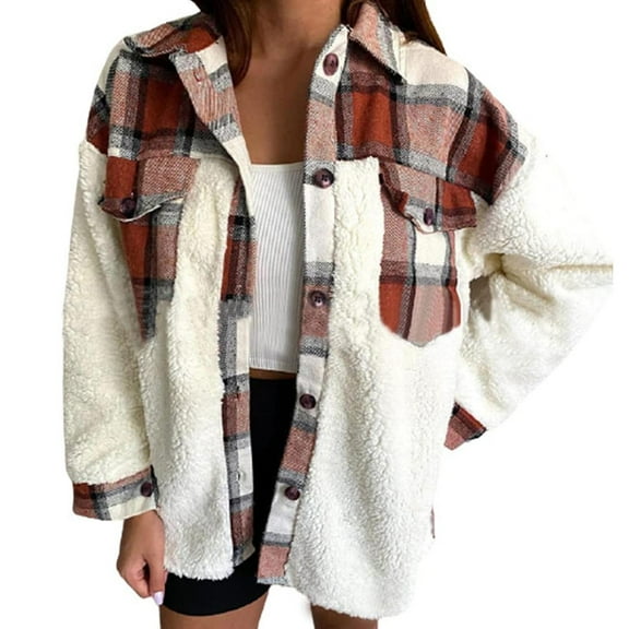 utcoco Women's Fall Winter Fuzzy Plaid Flannel Jacket