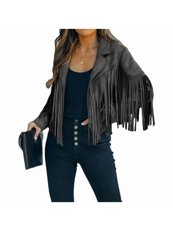 Women's Fashion Notched Collar Open-Front Fringed Performance Moto Faux Suede Leather Crop Jacket Coat