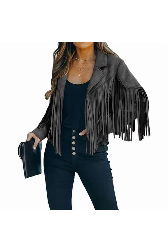 Women's Fashion Notched Collar Open-Front Fringed Performance Moto Faux Suede Leather Crop Jacket Coat