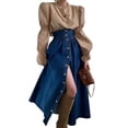 thumbnail image 1 of utcoco Women's High Waist Long Denim Skirt Button Down Swing A-Line Jean Maxi Skirt with Pockets, 1 of 6