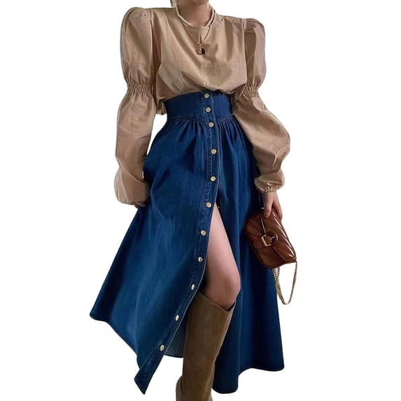 utcoco Women's High Waist Long Denim Skirt Button Down Swing A-Line Jean Maxi Skirt with Pockets
