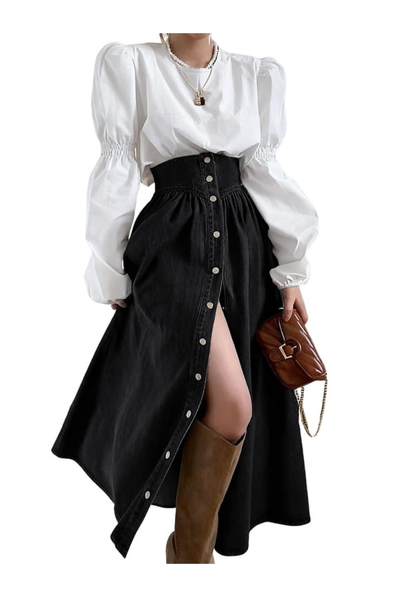 Women's High Waist Long Denim Skirt Button Down Swing A-Line Jean Maxi Skirt with Pockets