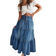 thumbnail image 1 of utcoco Women's High Waist Long Denim Skirt Button-Fly Tiered Ruffle Swing A-Line Jean Maxi Skirt with Pockets, 1 of 5