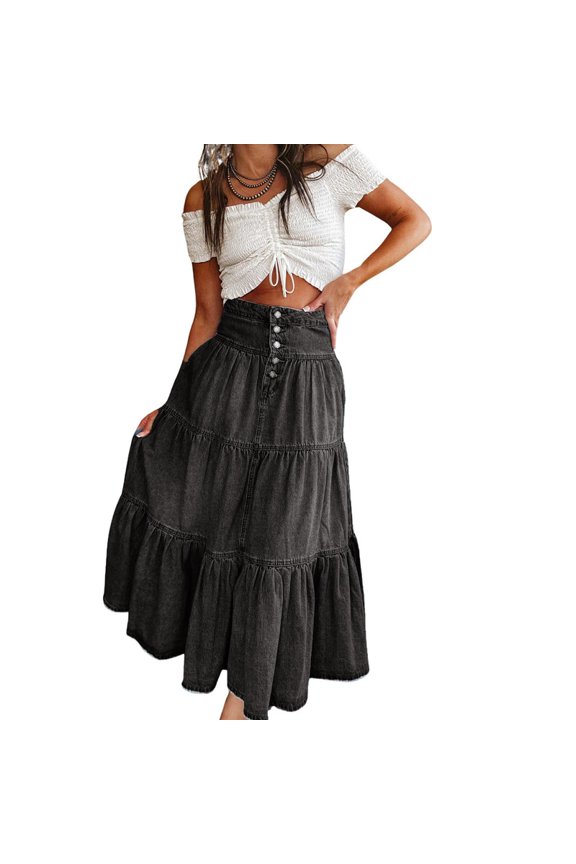 Women's High Waist Long Denim Skirt Button-Fly Tiered Ruffle Swing A-Line Jean Maxi Skirt with Pockets