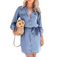 thumbnail image 1 of utcoco Women's Long Sleeve Tie Casual Button Down Jean Shirt Dress, 1 of 4