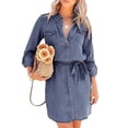 thumbnail image 1 of utcoco Women's Long Sleeve Tie Casual Button Down Jean Shirt Dress, 1 of 4