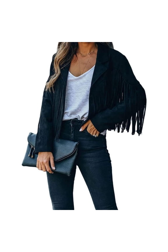 Women's Short Fringe Leather Jacket Moto Biker Open Front Tassel Coat