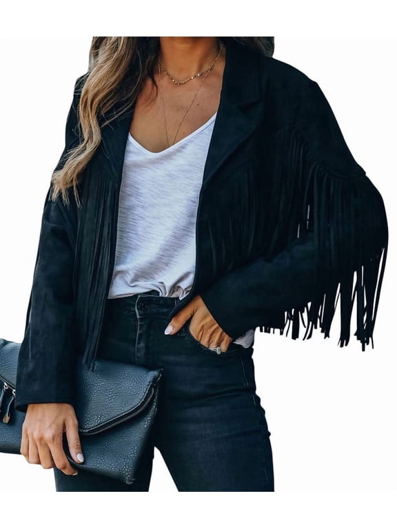 Women's Fashion Notched Collar Open-Front Fringed Performance Moto Faux Suede Leather Crop Jacket Coat