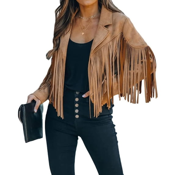 utcoco Women's Short Fringe Leather Jacket Moto Biker Open Front Tassel Coat