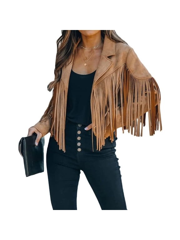 Women's Short Fringe Leather Jacket Moto Biker Open Front Tassel Coat