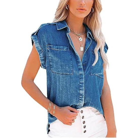 utcoco Women's Sleeveless Jean Shirts Casual Loose Denim Button