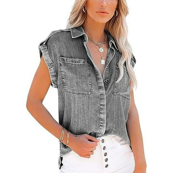 utcoco Women's Sleeveless Jean Shirts Casual Loose Denim Button Down Tops