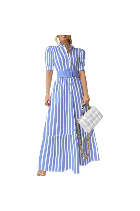Womens Striped Button Down Shirt Dress Casual Puff Short Sleeve Ruffle Hem Maxi Dresses with Belt