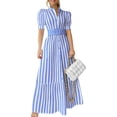 thumbnail image 1 of utcoco Womens Striped Button Down Shirt Dress Casual Puff Short Sleeve Ruffle Hem Maxi Dresses with Belt, 1 of 6