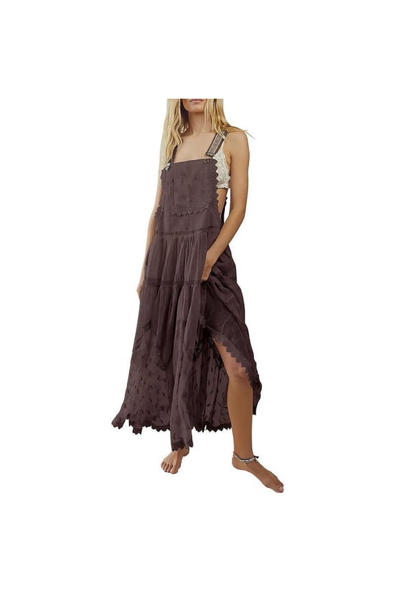 Women's Summer Laced Bib Overall Dress Adjustable Straps Sleeveless Maxi Dress