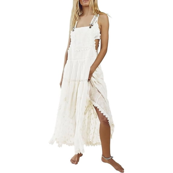utcoco Women's Summer Laced Bib Overall Dress Adjustable Straps Sleeveless Maxi Dress
