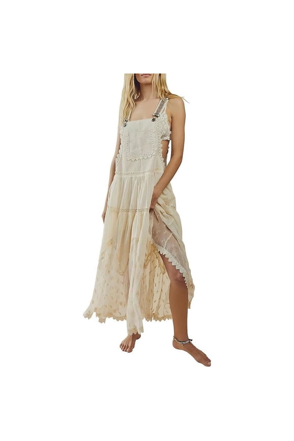 Women's Summer Laced Bib Overall Dress Adjustable Straps Sleeveless Maxi Dress
