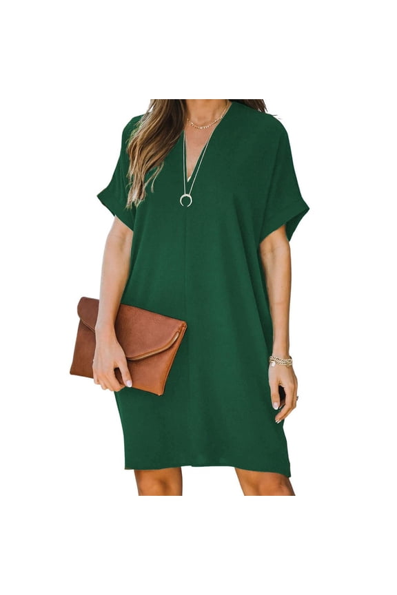 Women's Summer Loose Fit Shift Dress V Neck Short Sleeve Tunic Solid Color Mini Dress