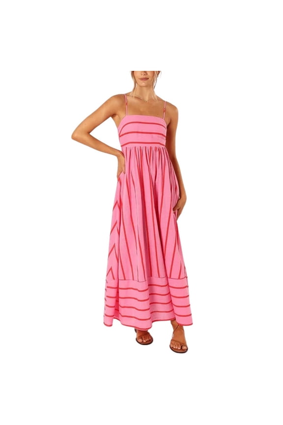 Women's Summer Striped A Line Long Dress Back Smocked Maxi Dresses