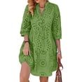 thumbnail image 1 of utcoco Women's 2026 Eyelet Lace Midi Dress V Neck Puff 3/4 Sleeve Button Tiered Sexy A Line Sun Dress, 1 of 6