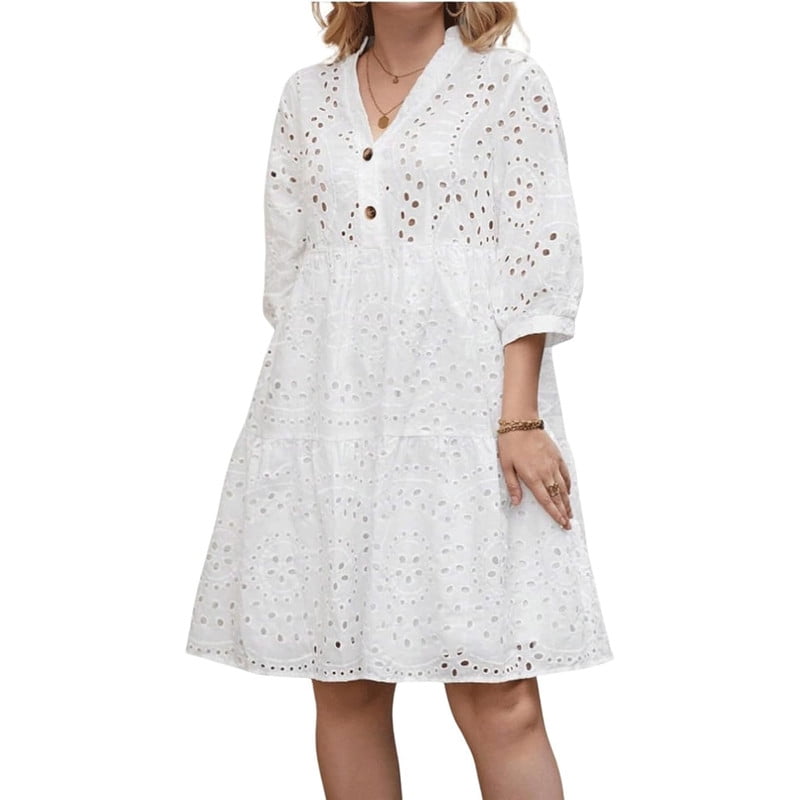Chouyatou Women's 2025 Eyelet Lace Midi Dress V Neck Puff 3/4 Sleeve Button Tiered Sexy A Line Sun Dress
