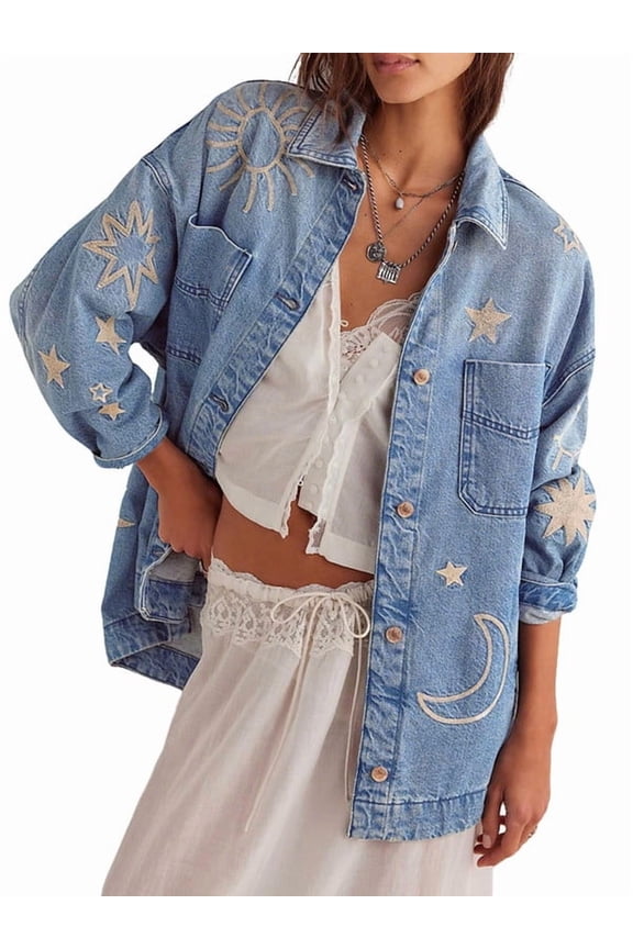 Women's Vintage Oversized Denim Jacket Embroidered Graphic Casual Loose Fit Button Down Jean Jacket