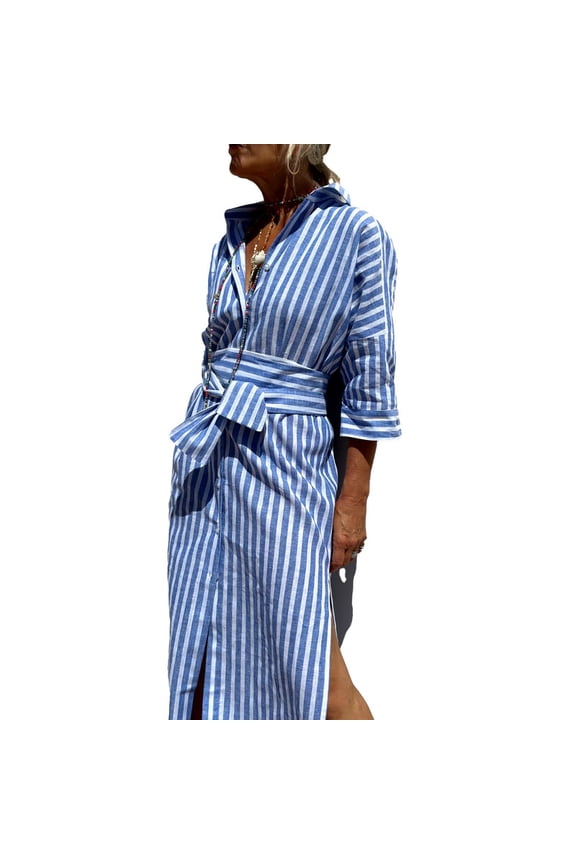Womens 2026 Shirt Dress Casual Lapel 3/4 Sleeve Button Down Split Belted Vacation Maxi Dress