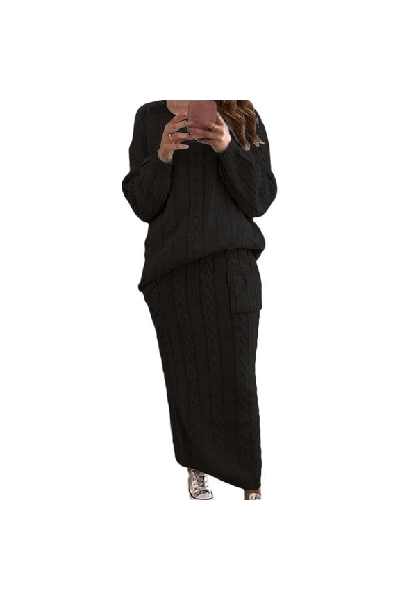 Womens Autumn Winter Solid Color Sweater Sets Cable Knit 2 Piece Outfits