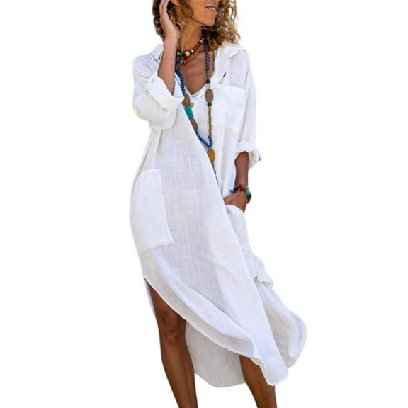 utcoco Womens Casual Loose Long Shirt Dress Side Split Dresses with Pockets